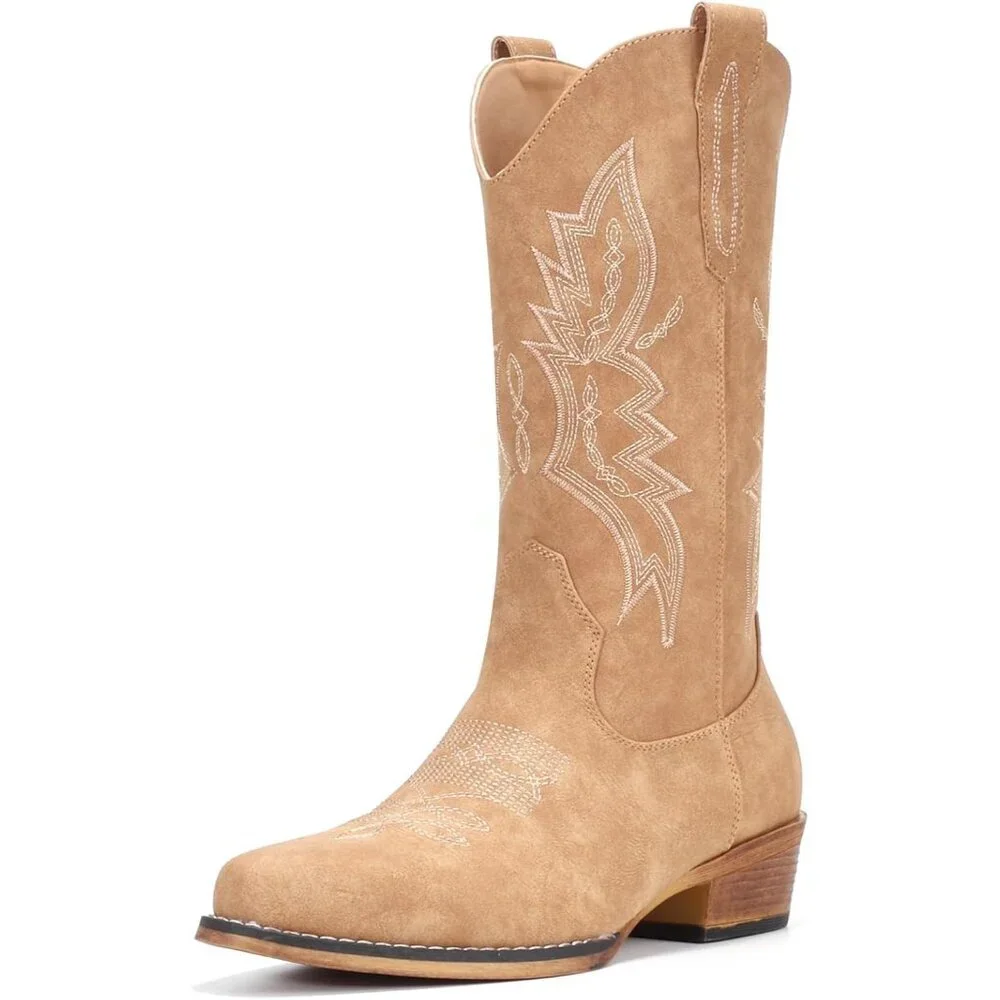 Women's Tan Western Boots Cowgirl Boots Pull On Pointy Toe Mid Calf Boots
